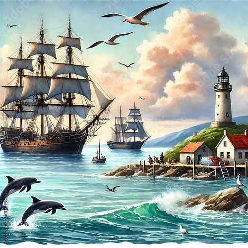  Pirate ship in sea cartoon background with layers ready for game 2d animation scene. Filibusters battleship with black sails, flag and jolly roger floating on ocean water surface, Vector illustration photo