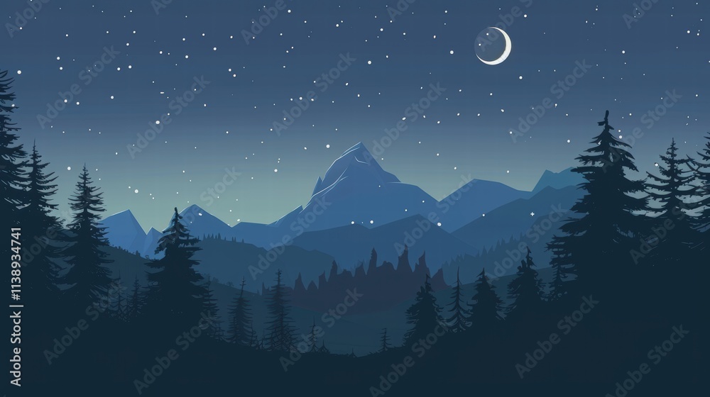 Fototapeta premium Night mountain range silhouette under crescent moon and starry sky.