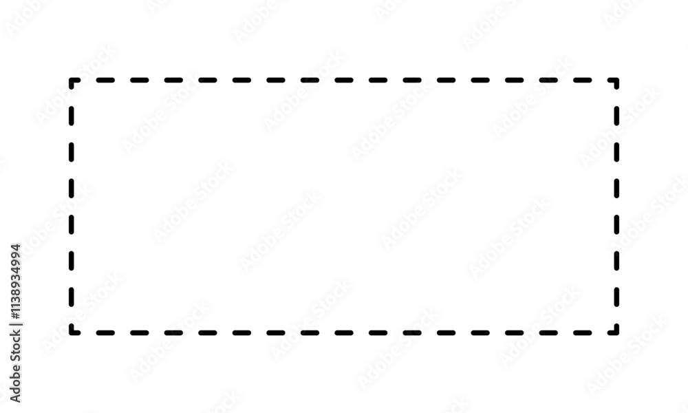 Rectangular shape with dashed cut here line for coupon, discount, sale ticket. Dashed rectangle frame isolated on white background. Vector outline illustration.