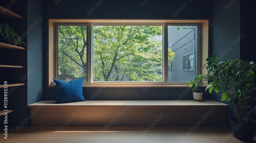 Fototapeta premium Window seat with plants and blue pillow in modern room.
