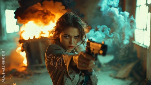 A dynamic and thrilling action scene showcasing a powerful female character skillfully wielding a handgun photo