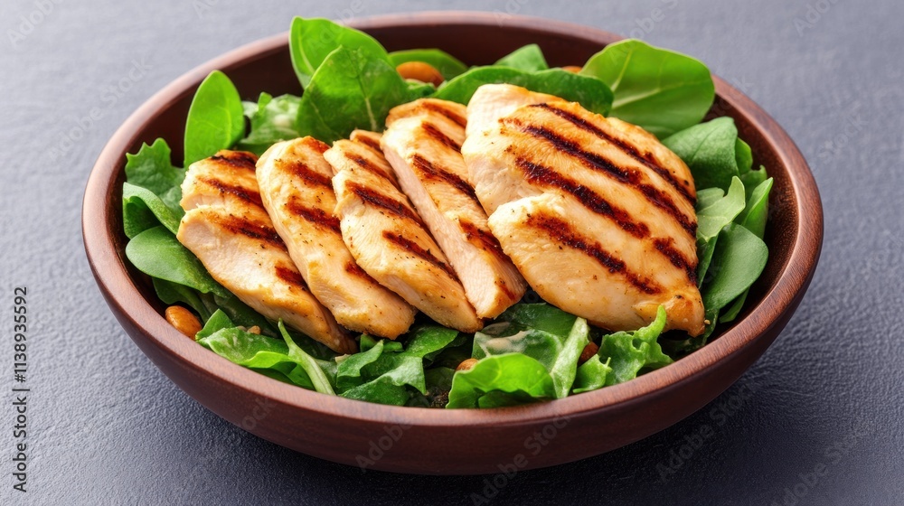 Grilled chicken served on a bed of fresh greens in a bowl. Grilled chicken served on a bed of fresh greens in a bowl.