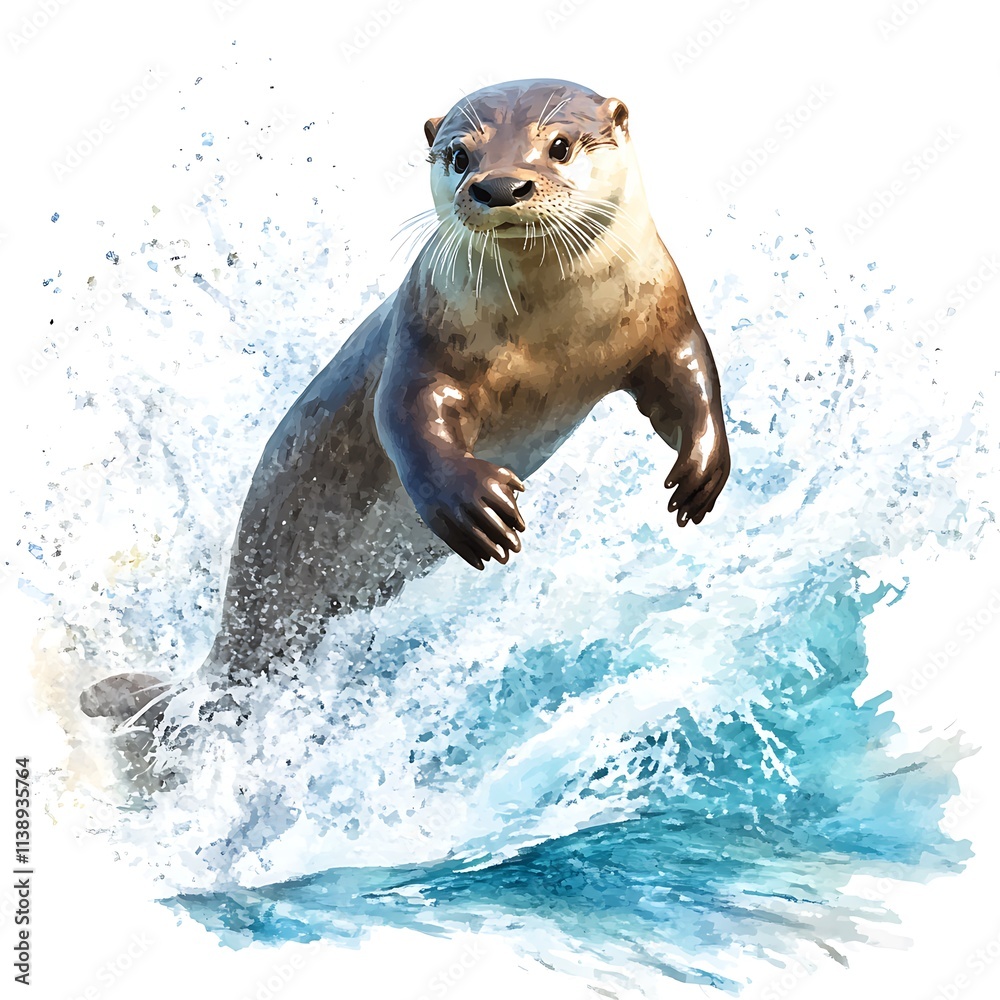 Obraz premium Majestic Otter Leaping from Ocean Waves in Watercolor Style.