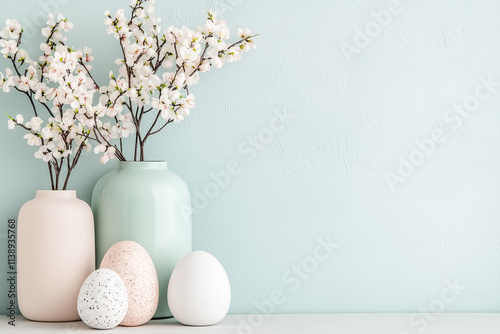 Beautifully arranged pastel vases with blooming branches and decorative eggs create a serene spring atmosphere