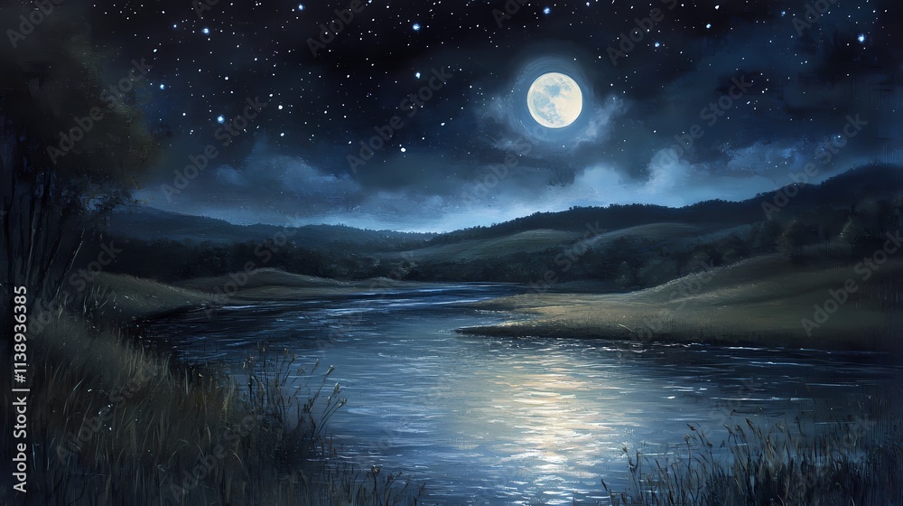 Serene Moonlit Landscape Over Calm River with Starry Sky and Rolling Hills Under a Night Sky, Perfect for Tranquil Nature Themes and Calm Ambiance Serene Moonlit Landscape Over Calm River with Starry Sky and Rolling Hills Under a Night Sky, Perfect for Tranquil Nature Themes and Calm Ambiance