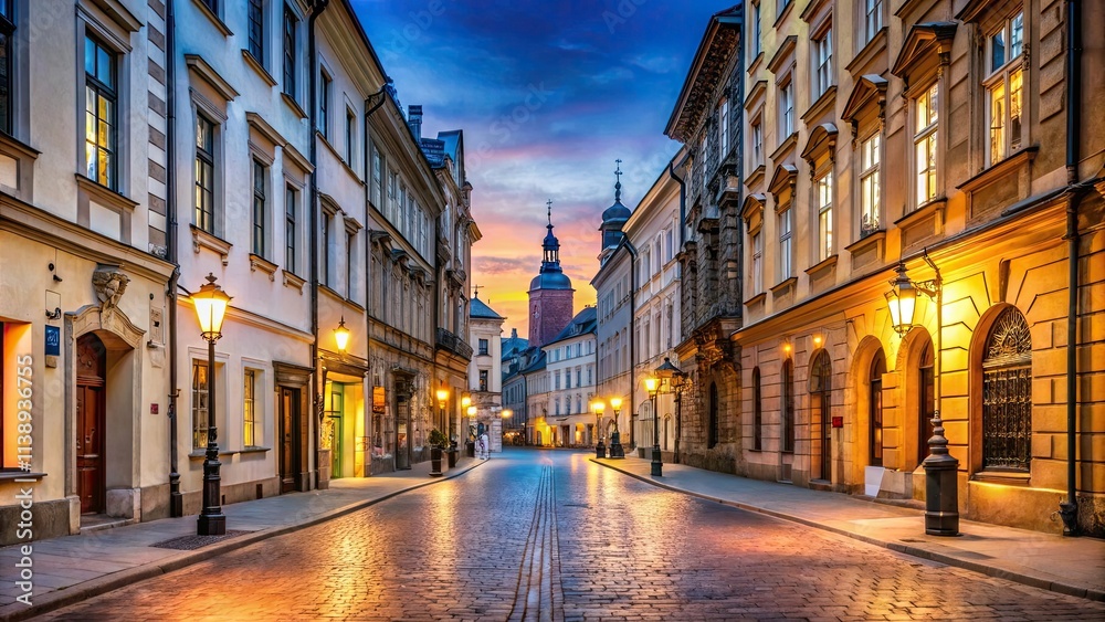 Naklejka premium Street in Cracow at dusk, cracow street, old town cracow, narrow streets poland, historic cityscape