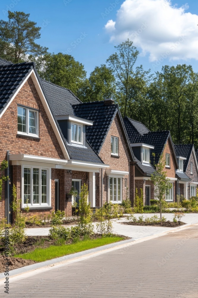 Modern Row of New Build Family Homes in Suburban Neighborhood. Residential Architecture Modern Row of New Build Family Homes in Suburban Neighborhood. Residential Architecture