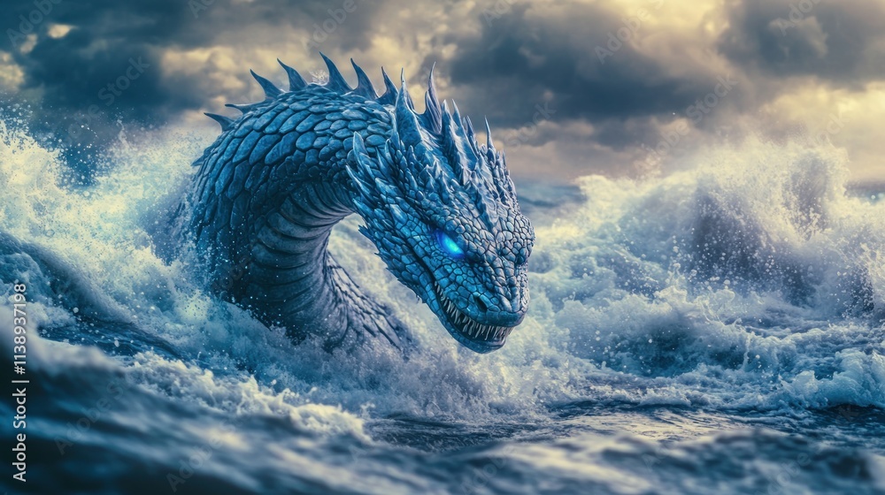 Obraz premium Blue serpent emerges from turbulent sea.