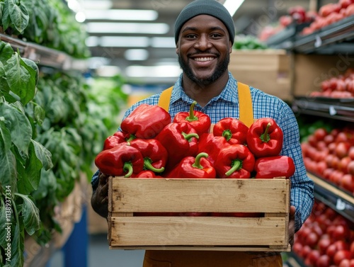 Smiling Grocery Worker with Fresh Produce photo