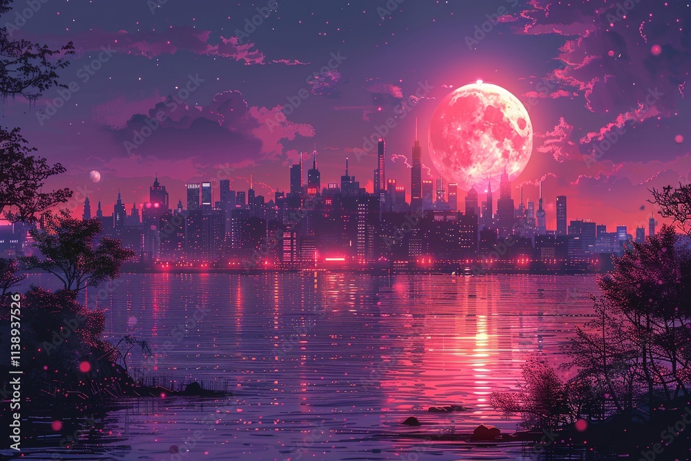 custom made wallpaper toronto digitalPink city skyline at night with a large red moon reflecting on the water. Dreamy, surreal, and beautiful!