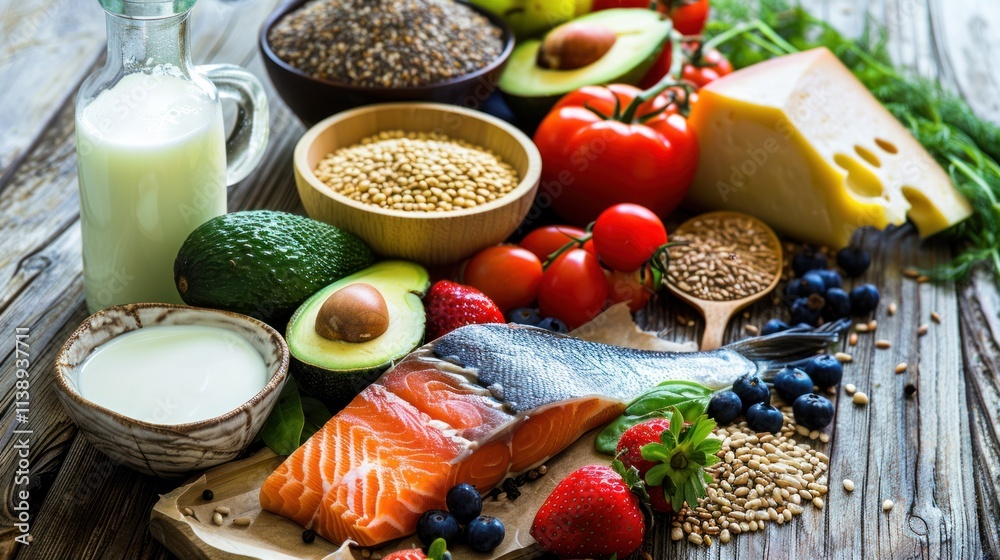 An assortment of fresh, healthy foods including fish, greens and fruits on wooden background An assortment of fresh, healthy foods including fish, greens and fruits on wooden background