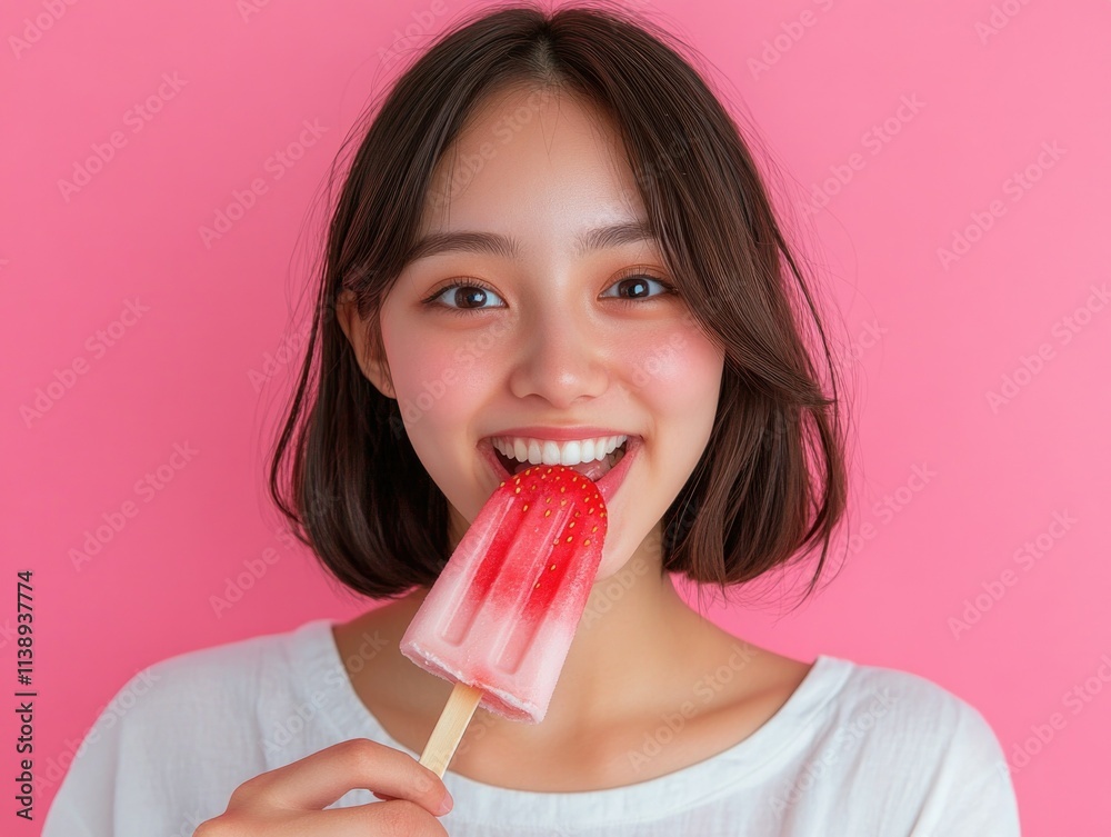 Woman enjoying strawberry popsicles