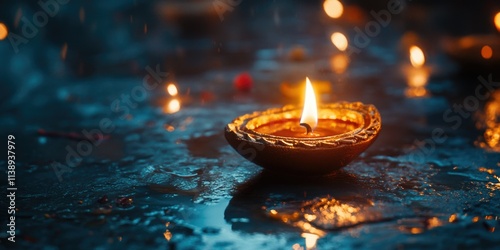 Nighttime Festival: Diwali Celebrations with Candles and Fire in Rainy Conditions photo