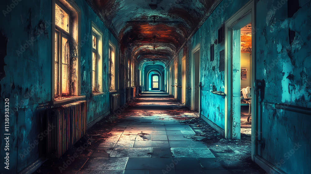 A spooky abandoned asylum hallway beckons with flickering lights, worn hospital equipment, and eerie shadows, exuding. Flicker. Illustration A spooky abandoned asylum hallway beckons with flickering lights, worn hospital equipment, and eerie shadows, exuding. Flicker. Illustration
