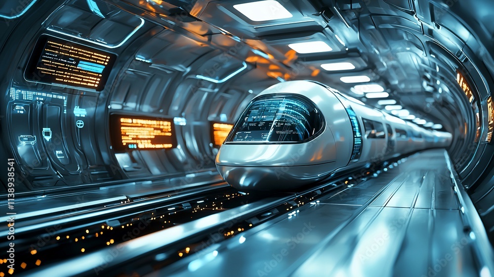 Fototapeta premium Futuristic high-speed train in a modern, sleek tunnel.