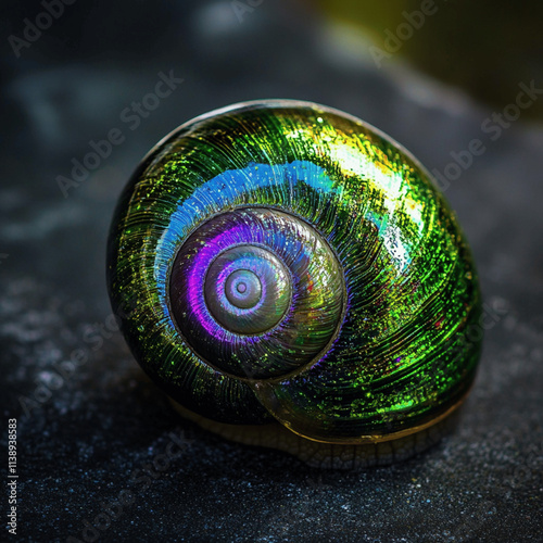 close-up of a snail shell with a lime color sheen

