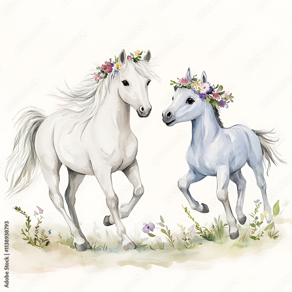 Watercolor Painting of a Mare and Foal Wearing Flower Crowns, Galloping Through a Field. Watercolor Painting of a Mare and Foal Wearing Flower Crowns, Galloping Through a Field.