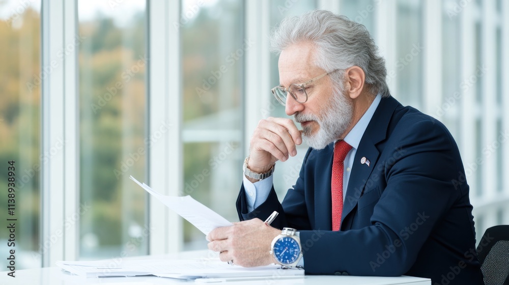 A businessman reviews documents thoughtfully by a large window. A businessman reviews documents thoughtfully by a large window.