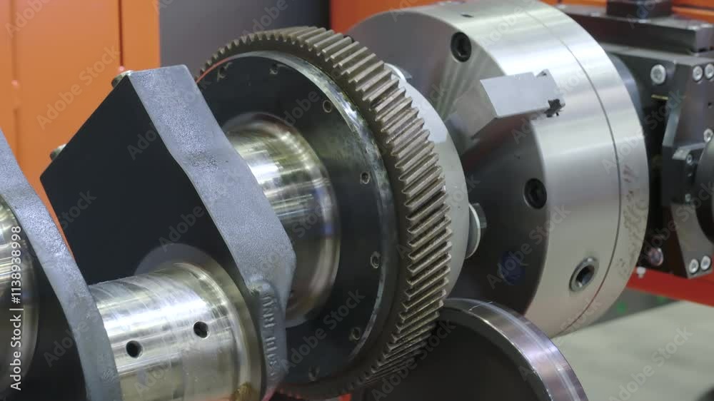 The metal crankshaft of the engine rotates during testing and servicing The metal crankshaft of the engine rotates during testing and servicing