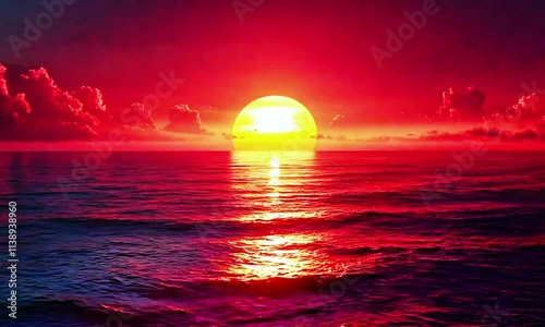 Breathtaking sunset over ocean waves, vibrant red sky, golden sun reflection, serene sea, tropical horizon, mesmerizing view, evening beauty, nature’s artwork, perfect tranquil beach scene, colorful t