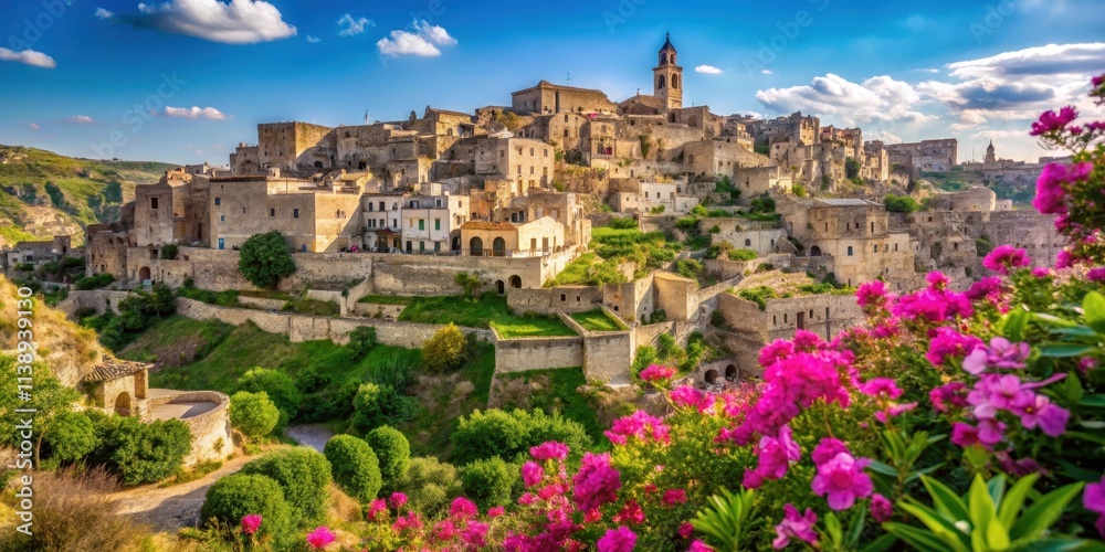 Obraz premium Mediterranean vegetation and flowers in the ancient Sassi district