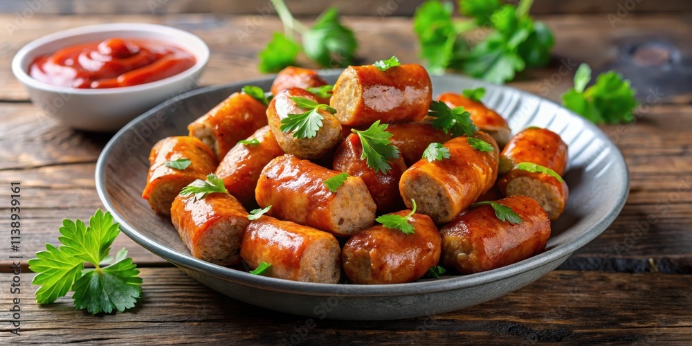 Fried pork sausage pieces in a shallow dish surrounded by curry ketchup and fresh cilantro leaves Fried pork sausage pieces in a shallow dish surrounded by curry ketchup and fresh cilantro leaves
