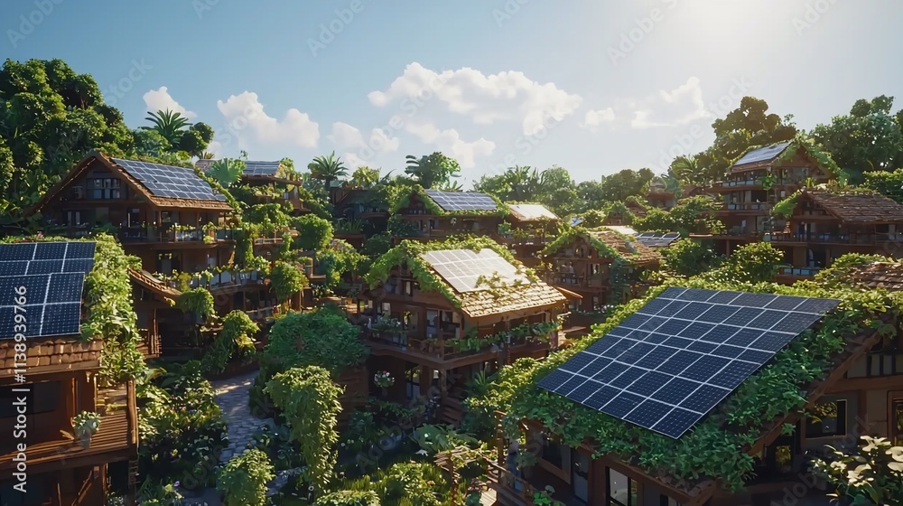 Eco-friendly village with solar panels on rooftops. Eco-friendly village with solar panels on rooftops.