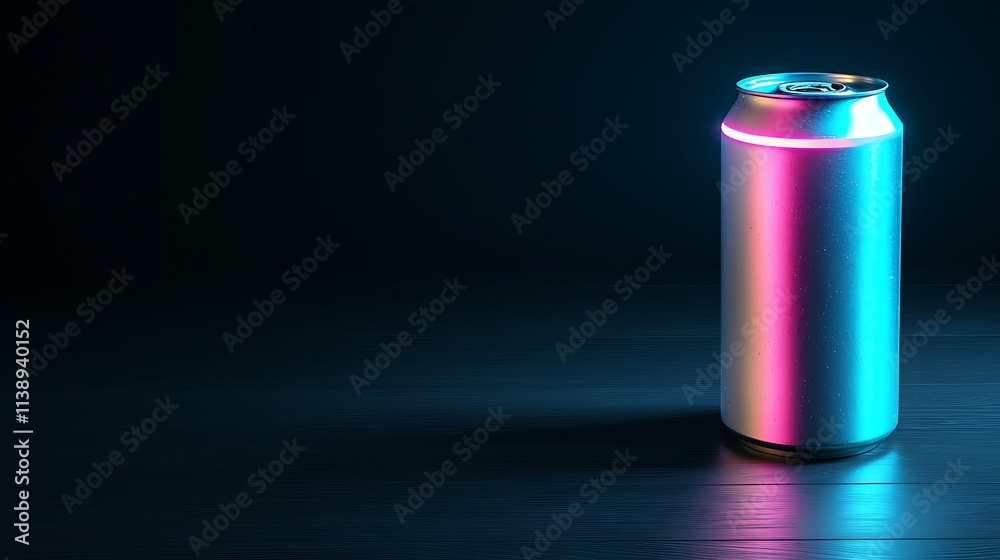 Fototapeta premium Illuminated aluminum can on dark surface.