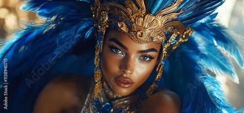 Woman in blue feathered headdress and gold jewelry.