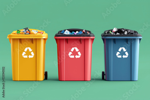 A Colorful trash containers filled with recyclable waste on green background photo