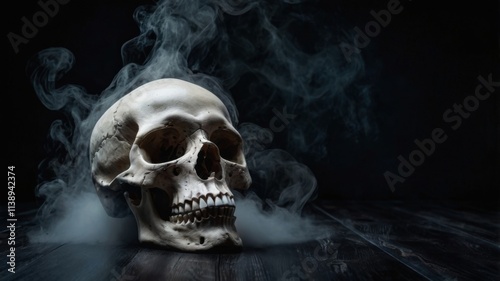 Scary evil skeleton skull with smoke on black background. Halloween and Day of the Dead concept. No Smoking campaign. Gothic style. Spooky concept for design greeting card, banner, poster