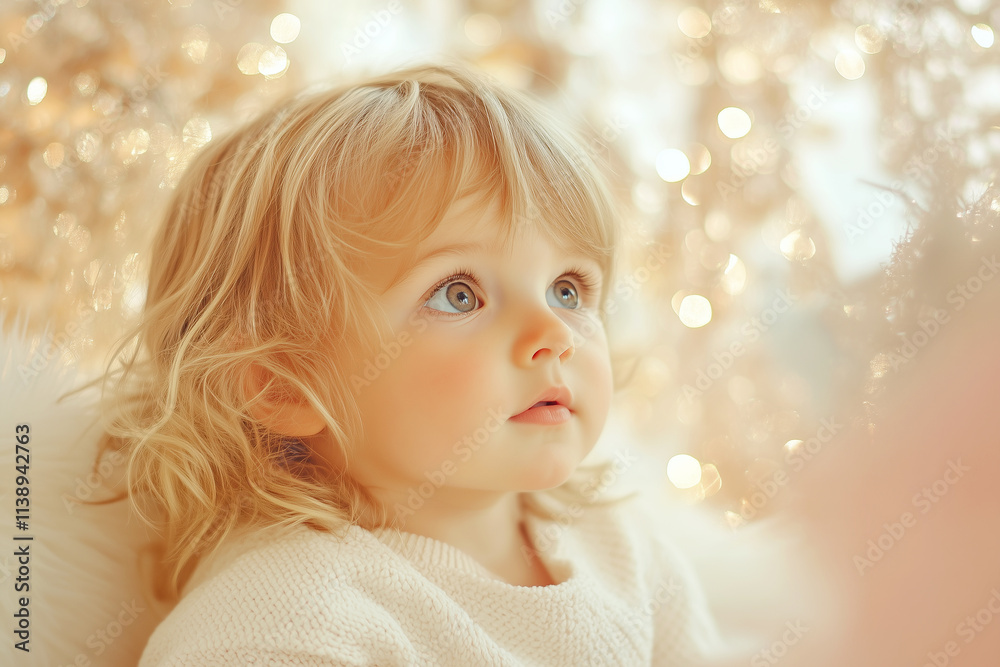 Close-up portrait of adorable toddler girl on background with golden Christmas lights Close-up portrait of adorable toddler girl on background with golden Christmas lights