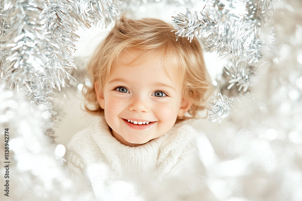 Close-up portrait of smiling toddler girl surrounded by white and silver Christmas decorations Close-up portrait of smiling toddler girl surrounded by white and silver Christmas decorations
