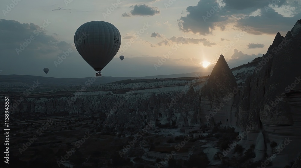 Hot air balloons soar over a dramatic landscape at sunset. Hot air balloons soar over a dramatic landscape at sunset.