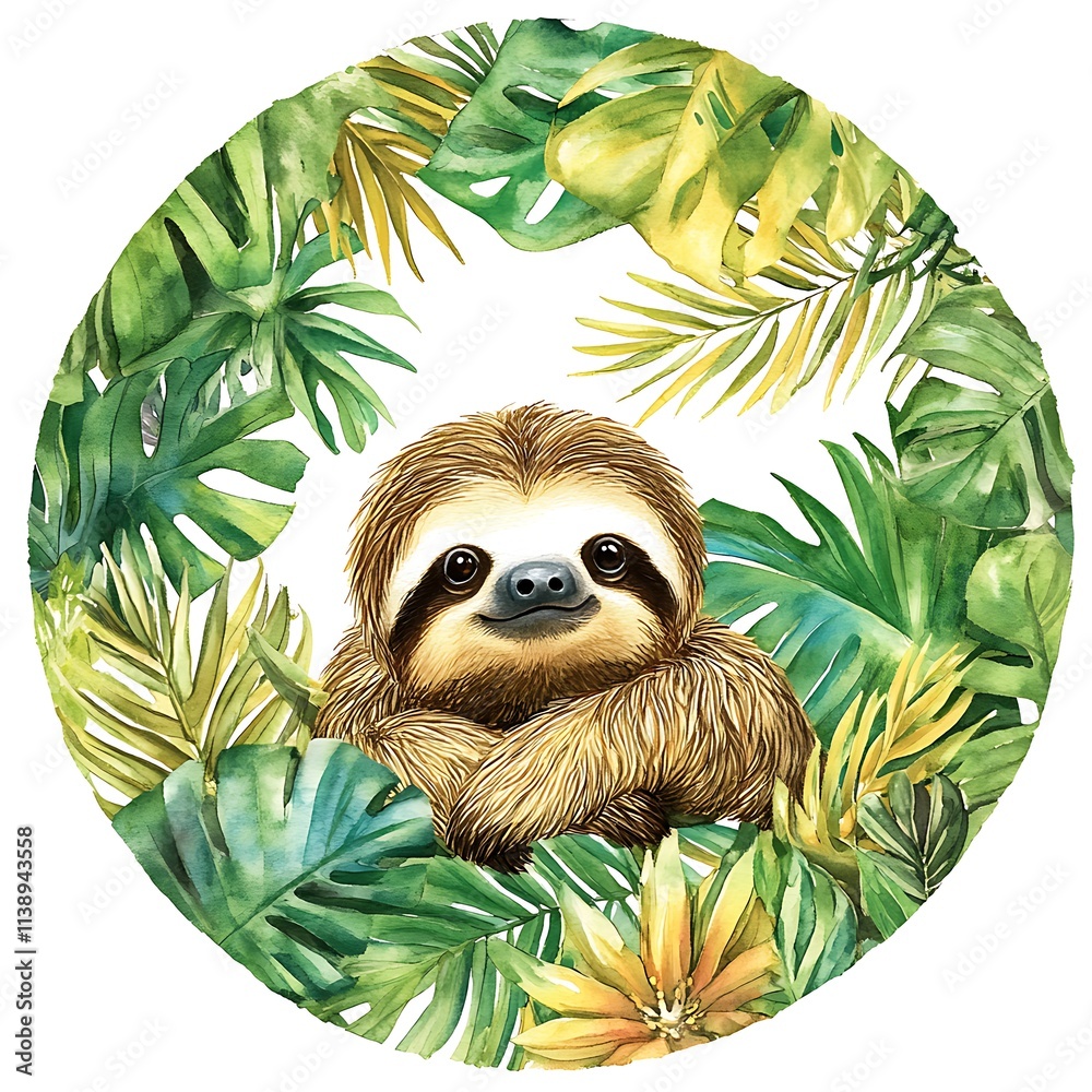 Obraz premium Adorable Watercolor Sloth Nestled Amongst Lush Tropical Foliage in an Oval Frame.
