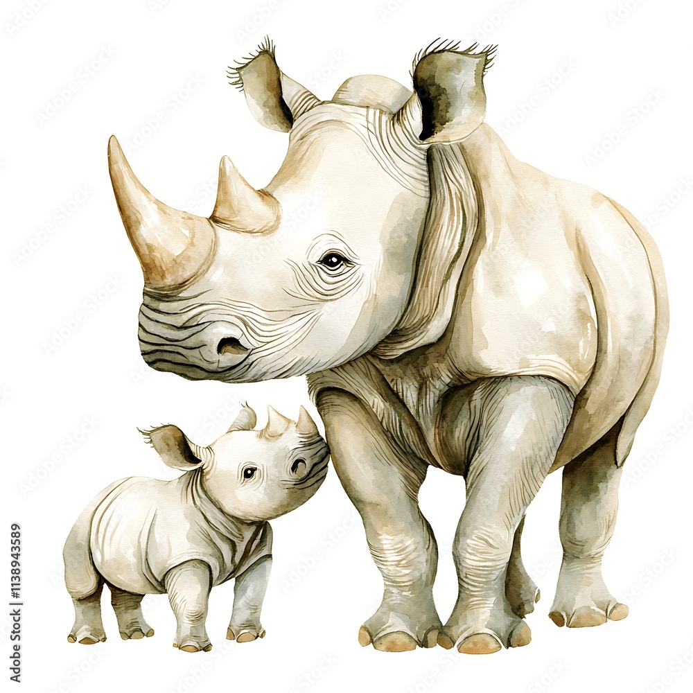 Obraz premium Watercolor Painting of a Mother White Rhinoceros and Her Calf.