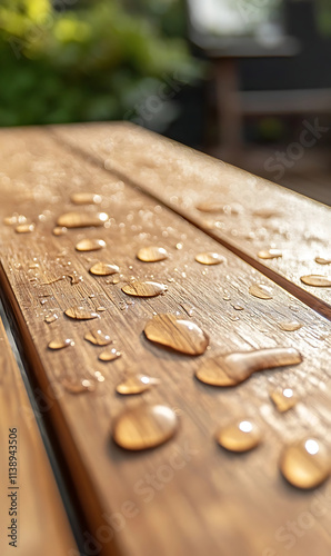 An outdoor wooden table with water droplets on it a rainy day scene shows intricate details and textures in high resolution The wood is light brown with visible grai photo