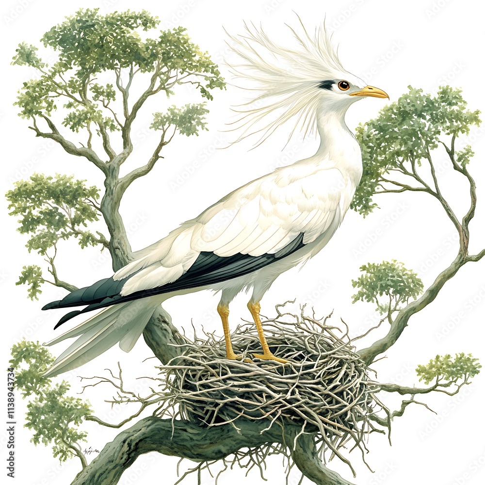 A Serene White Bird of Paradise Perched on Its Nest in a Lush Green Tree. A Serene White Bird of Paradise Perched on Its Nest in a Lush Green Tree.