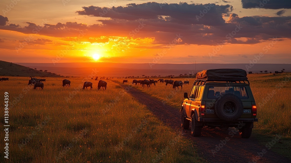 Fototapeta premium A safari vehicle parked on a dirt road at sunset, surrounded by grazing buffaloes.