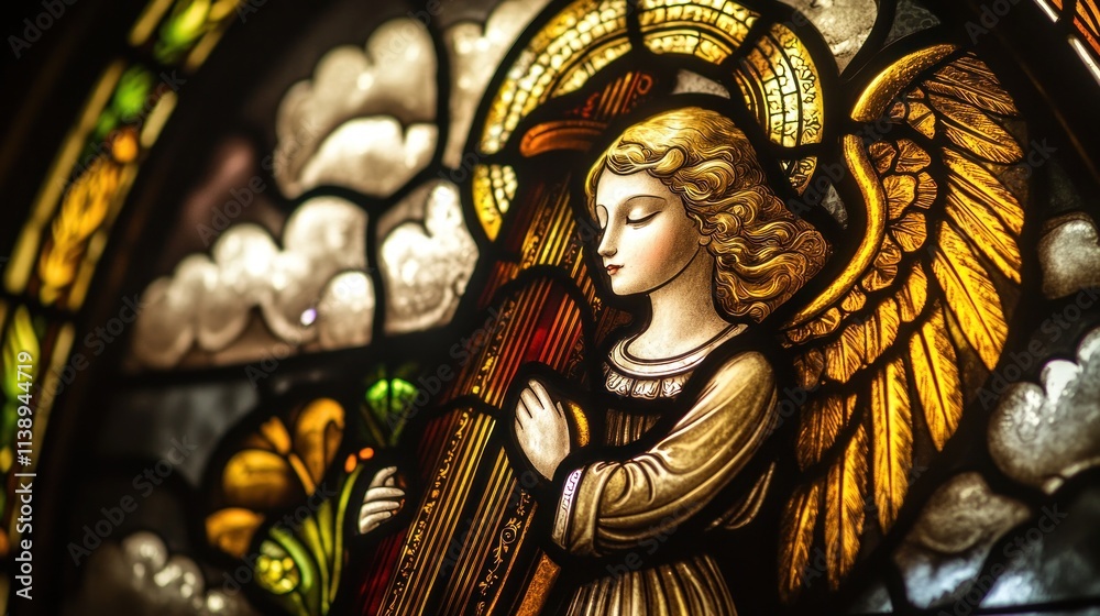 Obraz premium Stained glass angel holding harp.
