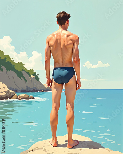Illustration of Rear View Fit Young Man Standing on Rock Looking Out at Sea Wearing Speedo Brief Swimsuit