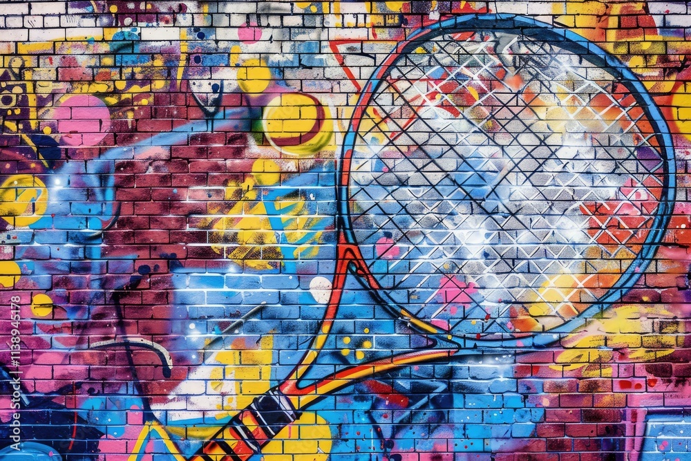Ultra Hd Image of Colorful Pop Art Graffiti Featuring Tennis Racket on Brick Wall Ultra Hd Image of Colorful Pop Art Graffiti Featuring Tennis Racket on Brick Wall