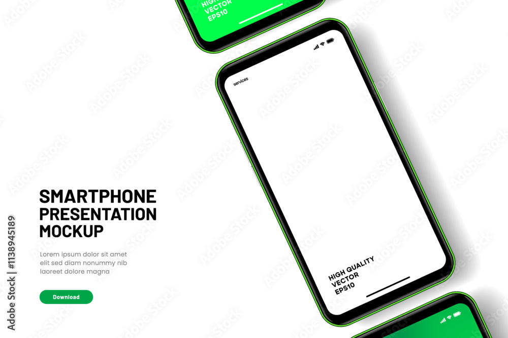 Fototapeta premium Realistic smartphone mockup. Mobile phone vector with isolated on white background. Device front view. 3D mobile phone with shadow. Realistic, high quality smart phone mockup for ui ux presentation.