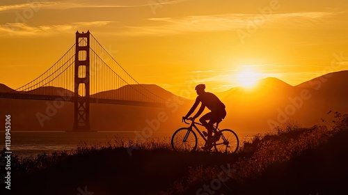 Silhouette of cyclist riding bike at sunset with Golden Gate Bridge in background.