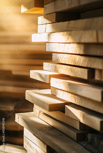 planty of solid wood in the factory Neatly stacked against the wall sunshine golden time light closedup shot detail shot Low contrast high brightness bright and clea photo