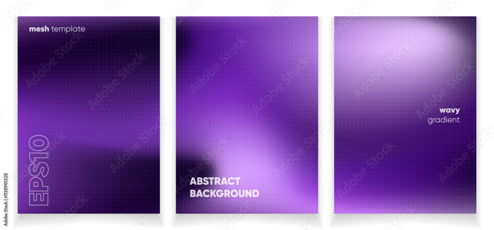 Abstract wavy violet liquid background card set with gradient mesh. Blurred fluid colorful background. Modern design template for web covers, ad banners, posters, brochures etc.