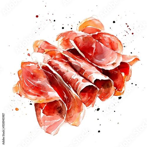 Watercolor painting of thinly sliced jamon, a Spanish cured ham, arranged in a visually appealing manner.
