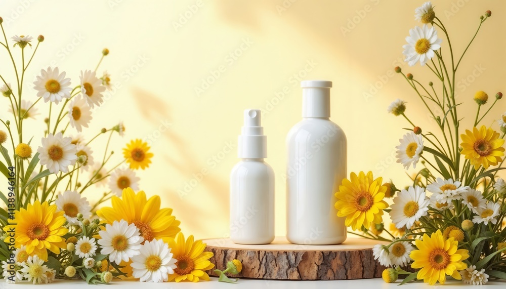 Clean and elegant setup of two white bottles on a wooden stand with daisies and yellow gerberas around them against a light yellow wall. wellness products, product promotion, fragrance advertisement, 