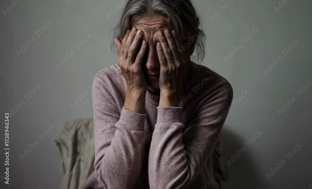 Sad Woman Sitting Alone in Dark Room Covering Face with Hands Expressing Grief and Despair Sad Woman Sitting Alone in Dark Room Covering Face with Hands Expressing Grief and Despair