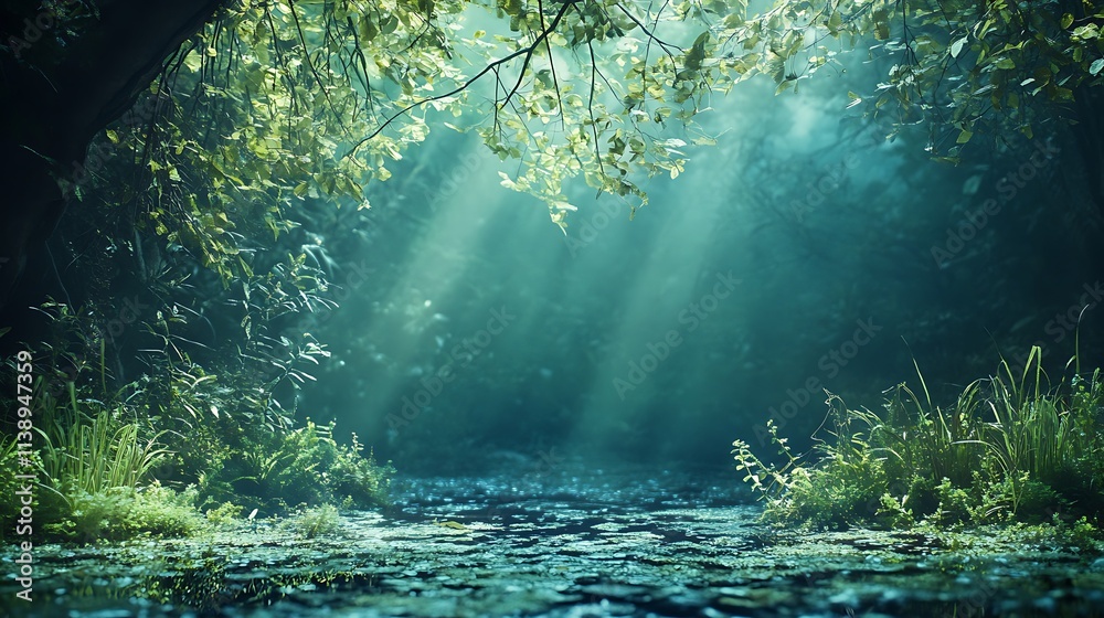 Mystical Forest Path, Sunlight Beams Through Trees. Concept of Nature, Serenity, and Enchantment. Mystical Forest Path, Sunlight Beams Through Trees. Concept of Nature, Serenity, and Enchantment.